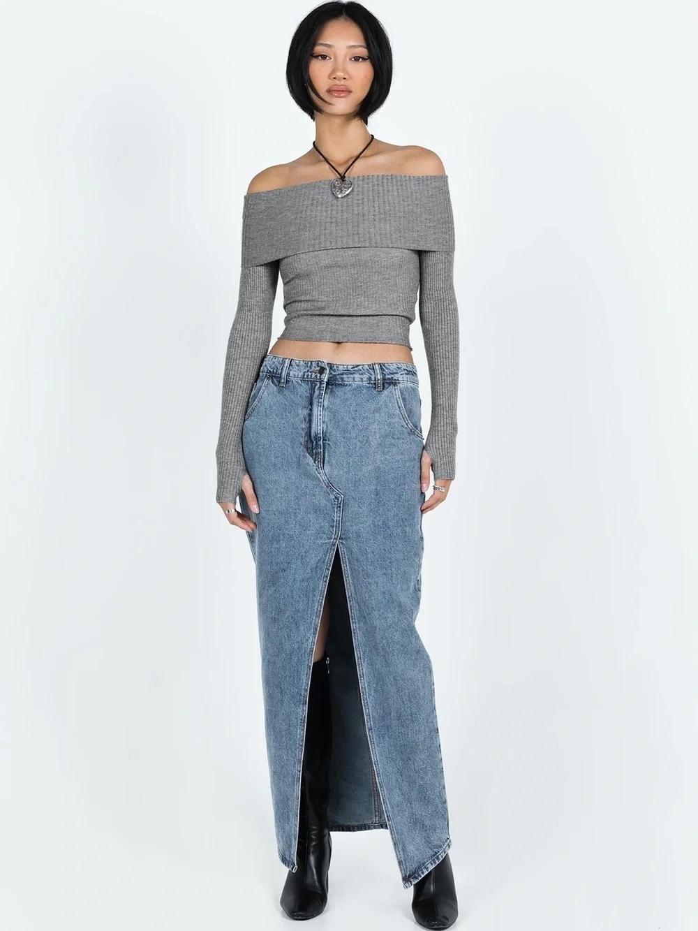 Princess Polly Morley Off Shoulder Sweater Grey Marle